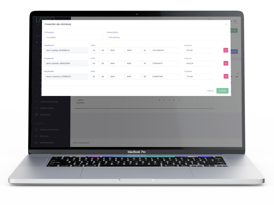 Pantalla del gestor de nóminas de LapsoWork