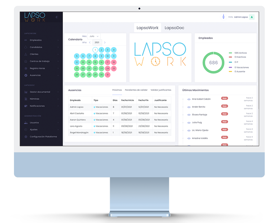 Pantalla del gestor de vacaciones de LapsoWork