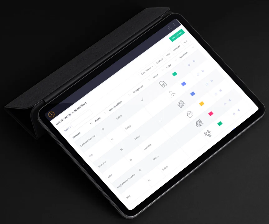 Gestor documental de LapsoWork en tablet con tipos de archivo y firma